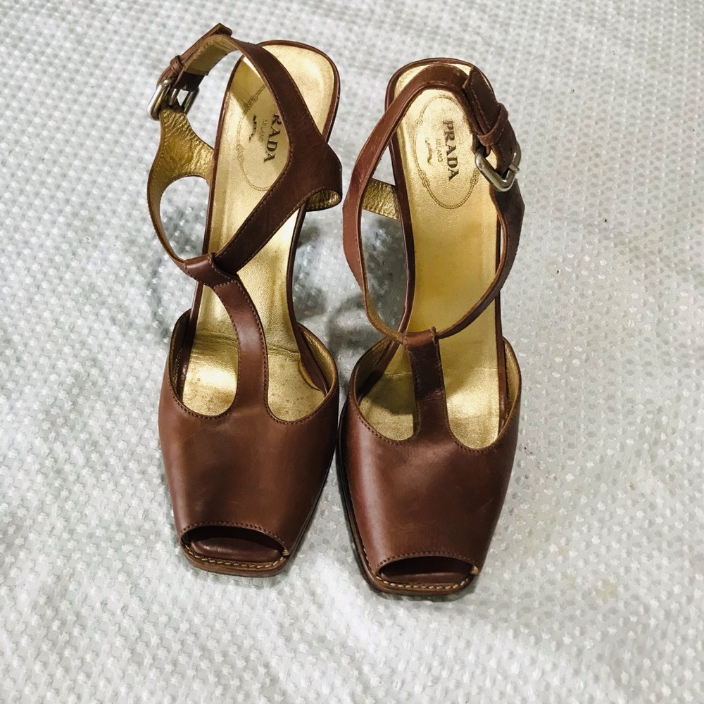Prada Brown Leather Peep-Toe Slingback Heels - Picture 3 of 15